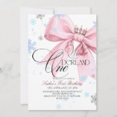 Winter Pink Bow 1st Birthday Party Einladung (Vorderseite)