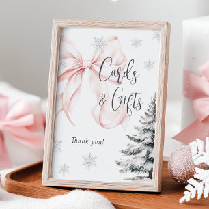 Winter Pink Bow Cards & Gifts Table Sign Poster