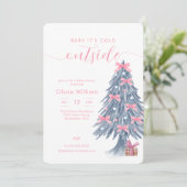 Winter Pink Bow Christmas Tree Baby Shower Einladung (Stehend Vorderseite)
