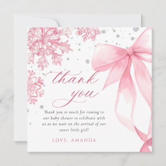 Winter Pink Bow Snowflakes Baby Dusche Dankeskarte (Vorderseite)