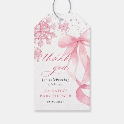 Winter Pink Bow Snowflakes Baby Dusche Geschenkanhänger (Rückseite)