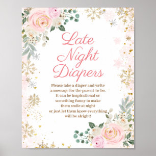 Winter Pink Floral Schneeflocke Späte Nacht Windel Poster