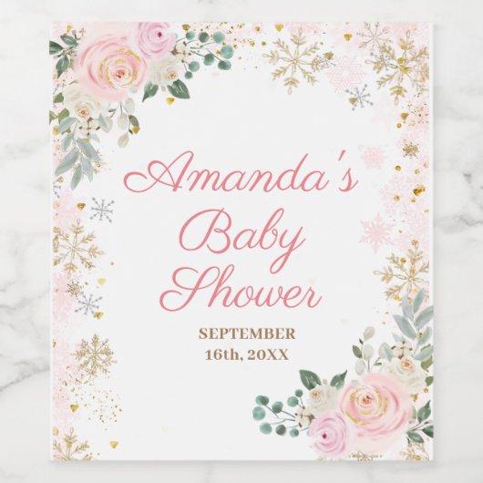 Winter Pink Floral Schneeflocken Brautparty Weinetikett (Einzelnes Label)