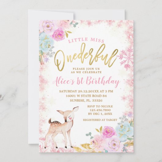 Winter Pink Floral Schneeflocken Einzigartiger Ren Einladung (Vorderseite)