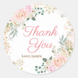 Winter Pink Floral Snowflake Babydusche Runder Aufkleber