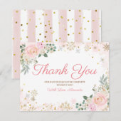 Winter Pink Floral Snowflakes Baby Dusche Dankeskarte (Vorne/Hinten)