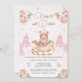 Winter Pink Gold Floral Teddy Bear Baby Dusche Einladung (Vorderseite)