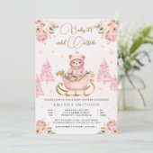 Winter Pink Gold Floral Teddy Bear Baby Dusche Einladung (Stehend Vorderseite)
