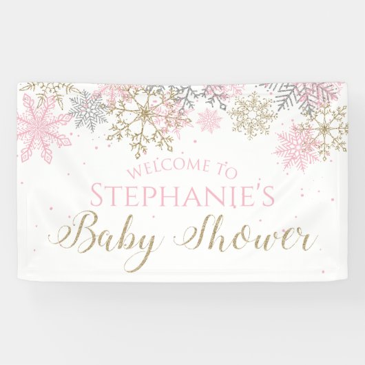 Winter Pink Gold Glitzer Snowflake Babydusche Banner (Horizontal)