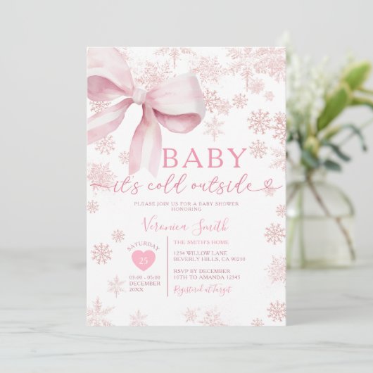 Winter Pink Little Snowflake Baby Shower Party Einladung (Stehend Vorderseite)
