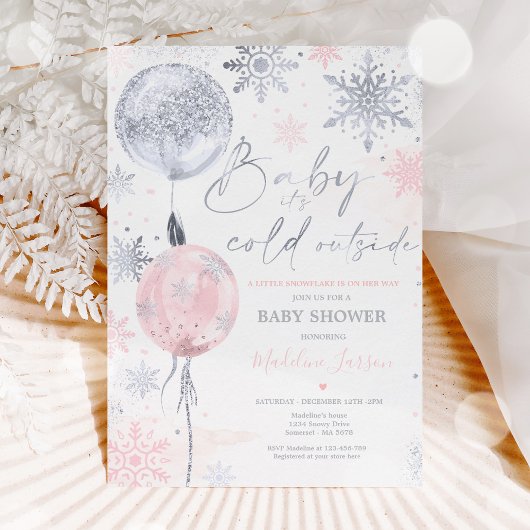 Winter Pink Silver Snowflake Baby Dusche Einladung