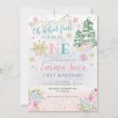 Winter Pink Snowflake Oh, was Spaß ersten Geburtst Einladung (Vorderseite)