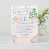 Winter Pink Snowflake Oh, was Spaß ersten Geburtst Einladung (Stehend Vorderseite)