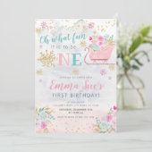 Winter Pink Snowflake Oh, was Spaß ersten Geburtst Einladung (Stehend Vorderseite)