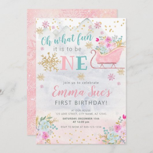 Winter Pink Snowflake Oh, was Spaß ersten Geburtst Einladung (Vorne/Hinten)