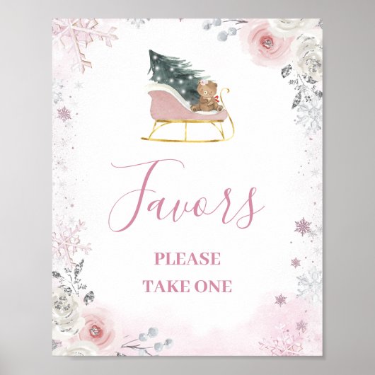 Winter Pink Snowflake Sleigh Baby Shower Favors Poster (Vorne)