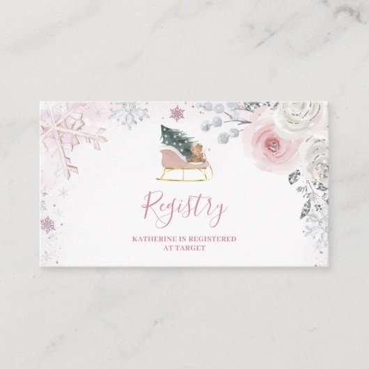 Winter Pink Snowflake Sleigh Baby Shower Registry Begleitkarte (Vorderseite)
