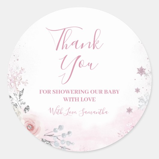 Winter Pink Snowflake Sleigh Baby Shower Thank You Runder Aufkleber (Vorderseite)