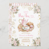 Winter Pink Tea Party Birthday Snowflakes Einladung (Vorne/Hinten)