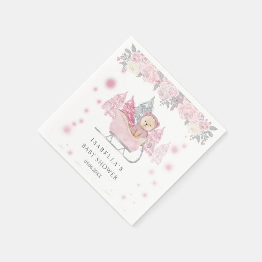 Winter Pink Teddy Bear Sleigh Girl Babydusche Serviette (Ecke)