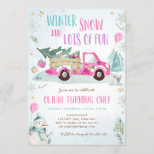Winter Pink Truck Snow Fun Girl Erster Geburtstag