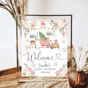 Winter Pink Woodland Animals Girl Baby Dusche Poster