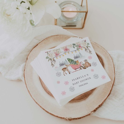 Winter Pink Woodland Animals Girl Baby Dusche Serviette