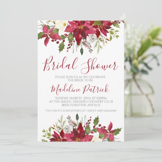 Winter Poinsettia Brautparty Einladung (Stehend Vorderseite)