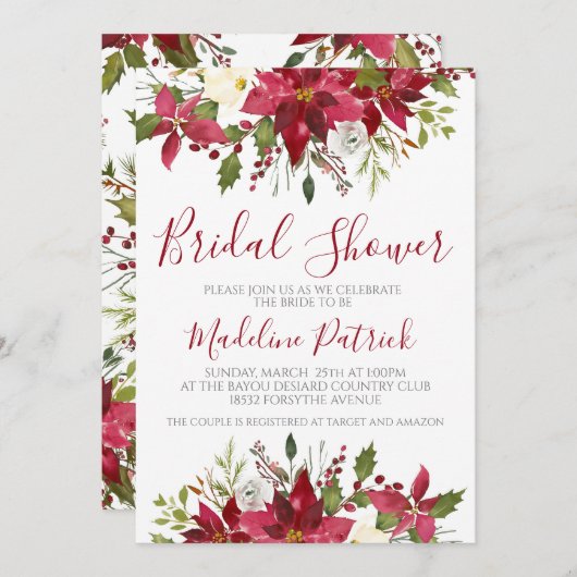 Winter Poinsettia Brautparty Einladung (Vorne/Hinten)