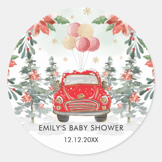Winter Poinsettia Grüner Wagen mit Party Parade Runder Aufkleber (Vorderseite)