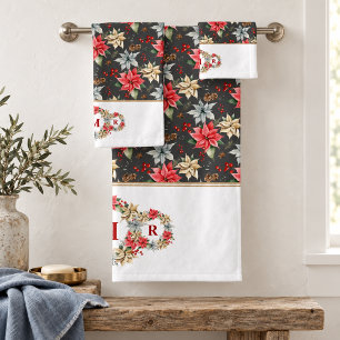 Winter-Poinsettia-Initialen-Weihnachts-Badezimmer- Badhandtuch Set