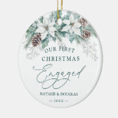 Winter Poinsettia Pine Unser Verlobtes Weihnachtsf Keramik Ornament (Links)