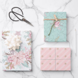 Winter Poinsettia Pink Green Pastor Weihnachten Geschenkpapier Set