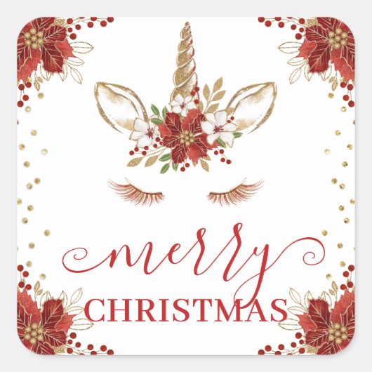 Winter Poinsettia Unicorn Merry Christmas Quadratischer Aufkleber (Vorderseite)