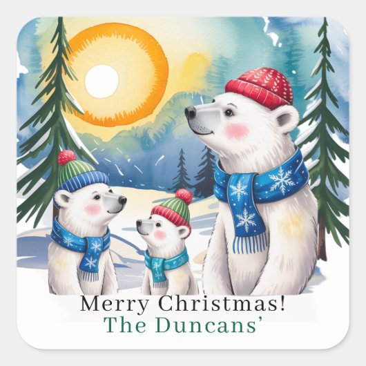 Winter Polar Bären Weihnachten Quadratischer Aufkleber (Vorderseite)