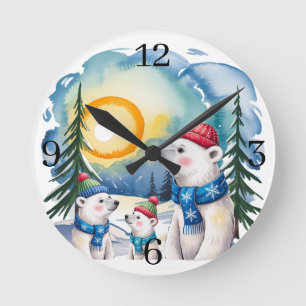 Winter Polar Bären Weihnachten Runde Wanduhr