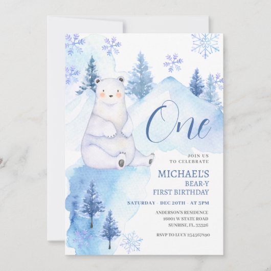 Winter Polar Bärenwald Erster Geburtstag Einladung (Vorderseite)