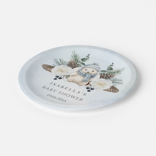 Winter Polar Bear Boy Baby Dusche Pappteller (Schrägansicht)