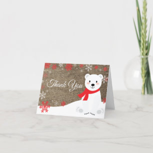 Winter Polar Bear Red Snowflake Burlap Dankeskarte