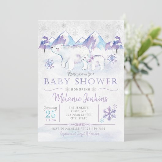 Winter Polar Bear Snowflake Baby Dusche Einladung (Stehend Vorderseite)