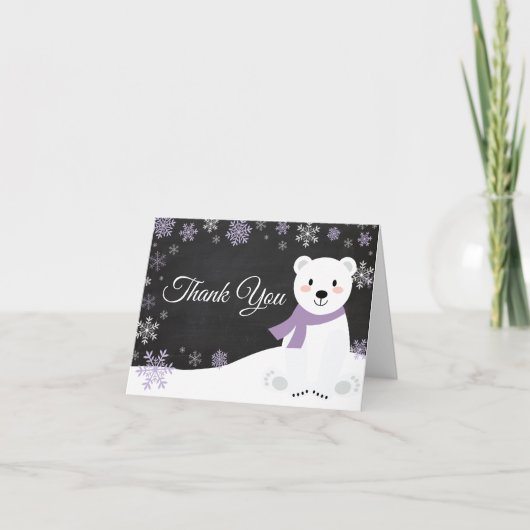 Winter Polar Bear Snowflake Purple Chalkboard Dankeskarte (Vorderseite)