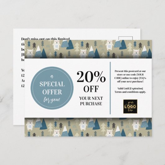 Winter Polar Bears Benutzerdefinierter Coupondisko Postkarte (Vorne/Hinten)