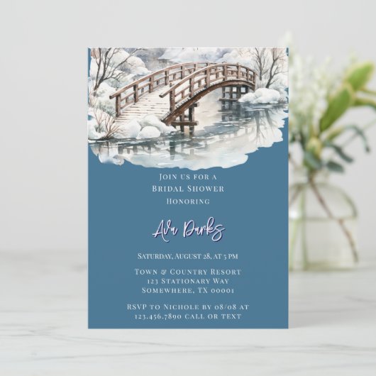 Winter Pond Stream Holzbrücke Brautparty Einladung (Stehend Vorderseite)