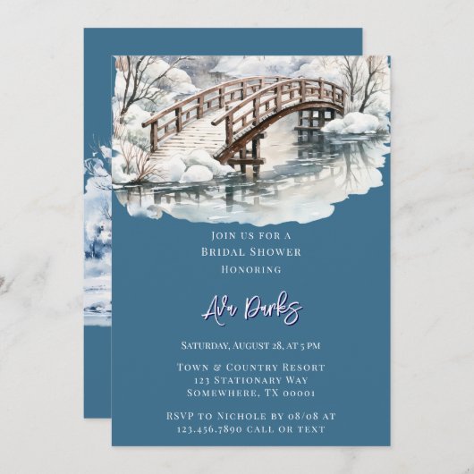 Winter Pond Stream Holzbrücke Brautparty Einladung (Vorne/Hinten)
