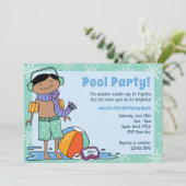 Winter Pool Party Black Hair Boy Innenschwimmbad Einladung (Stehend Vorderseite)
