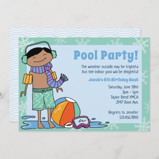 Winter Pool Party Black Hair Boy Innenschwimmbad Einladung (Vorne/Hinten)