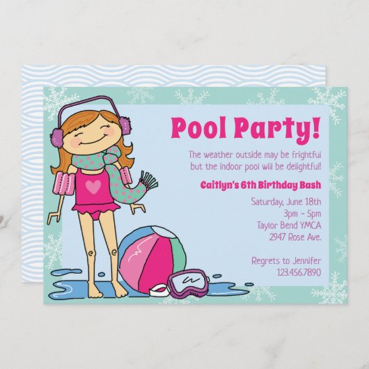 Winter Pool Party Rote Haare Girl Innenpool Einladung (Vorne/Hinten)