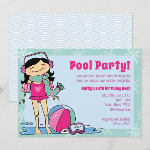 Winter Pool Party Schwarzes Haar Girl Indoor Swim Einladung