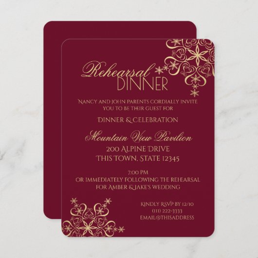 Winter Probe Dinner Gold Snowflake Einladung (Vorne/Hinten)