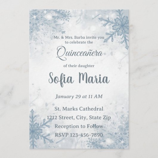 Winter Quinceañera-Einladung – Schneeflocken, Silb Einladung (Vorderseite)